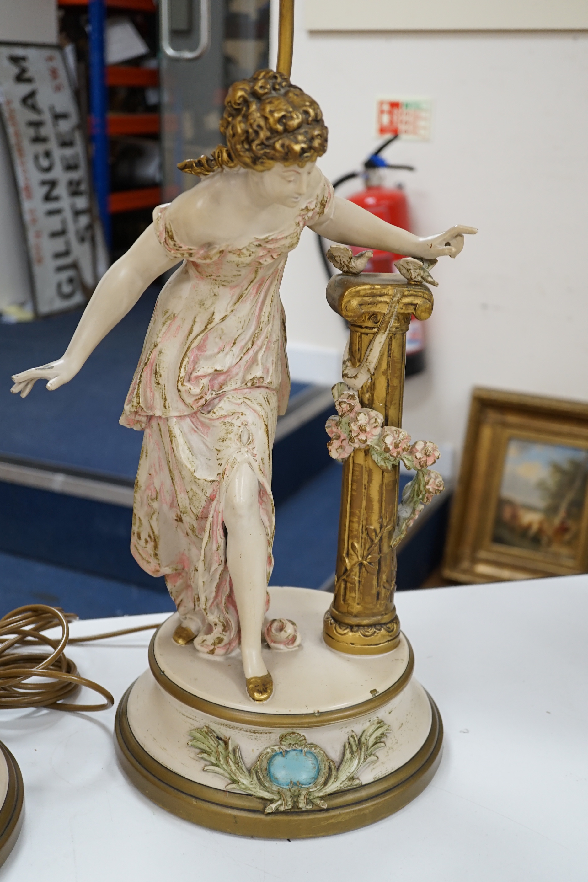 A pair of painted spelter figural table lamps, 82cm high including light fitting and shade